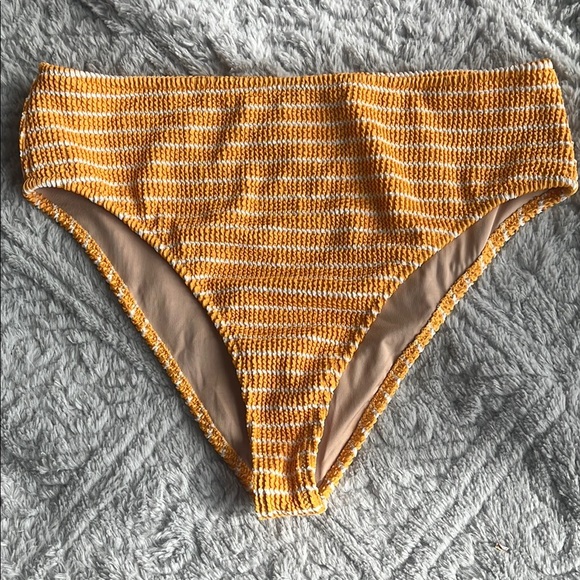 SHADE & SHORE Yellow White Striped crinkle highwaisted Bikini cheeky Bottom M - Picture 1 of 4